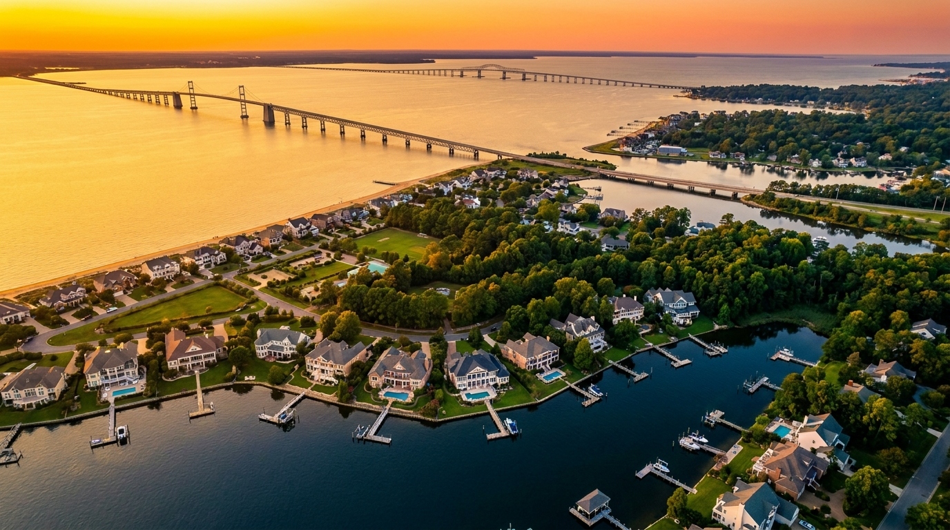 Aerial view of Virginia Beach at sunset — home of More Prosperity Residences